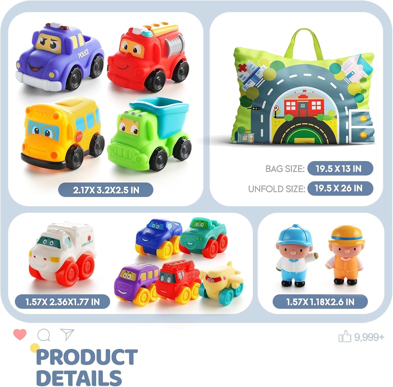 Soft Rubber Toy Figure Car for 1 Year Old Boy with Playmat (Storage Bag)|12 PCS Cartoon Cars Baby Toys for 12-18 Months & Toddler Age 1-2|First Birthday|Gift for 1 2 3 Year Old Boy