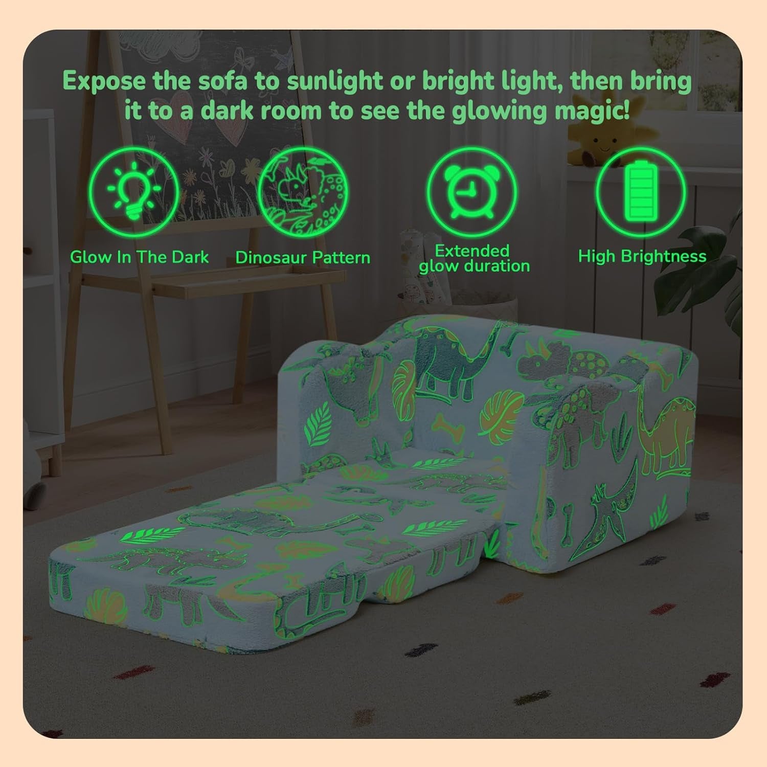 Glowing Dinosaur Kids Chair, 2-In-1 Convertible Kids Couch Fold Out to Lounger, Glow-In-The-Dark Dino Sofa for Boys Ages 1-3, Soft Foam Flip-Out Seat with Washable Cover, Sky Blue | Reading, Relaxing