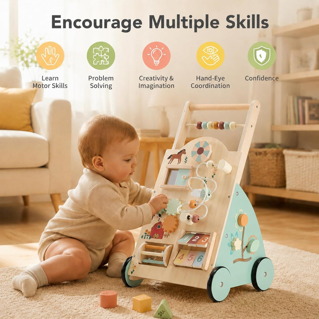 Wooden Baby Push Walker, Montessori Activity Toys with Adjustable Speed for 1 Year Old, Silent Rubber Wheels, Wood