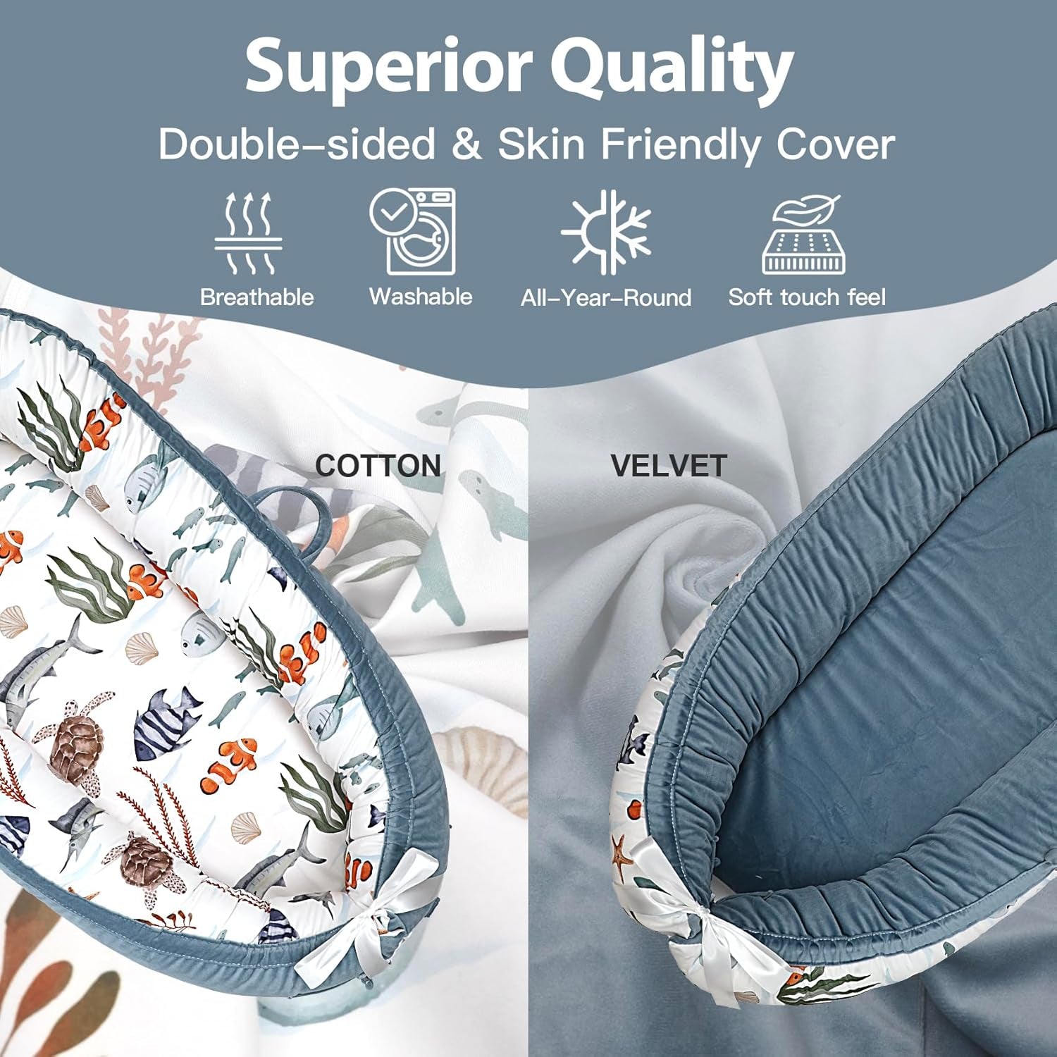 Infant Support Cushion - Breathable and Soft Organic 100% Cotton, Portable Tummy Time Mat with Removable Cover, Newborn Baby Essentials Gifts for 0-24 Months - Sea World