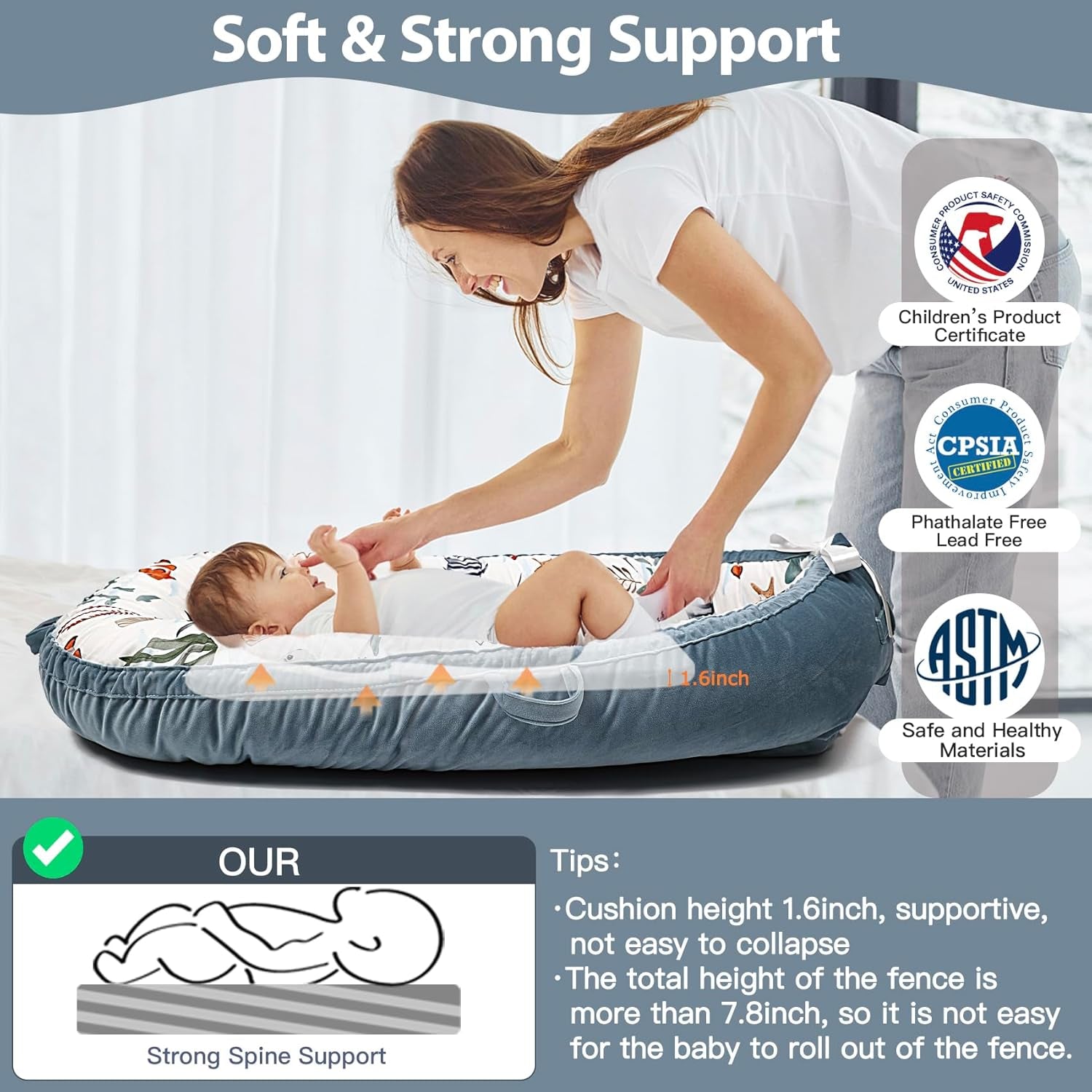 Infant Support Cushion - Breathable and Soft Organic 100% Cotton, Portable Tummy Time Mat with Removable Cover, Newborn Baby Essentials Gifts for 0-24 Months - Sea World