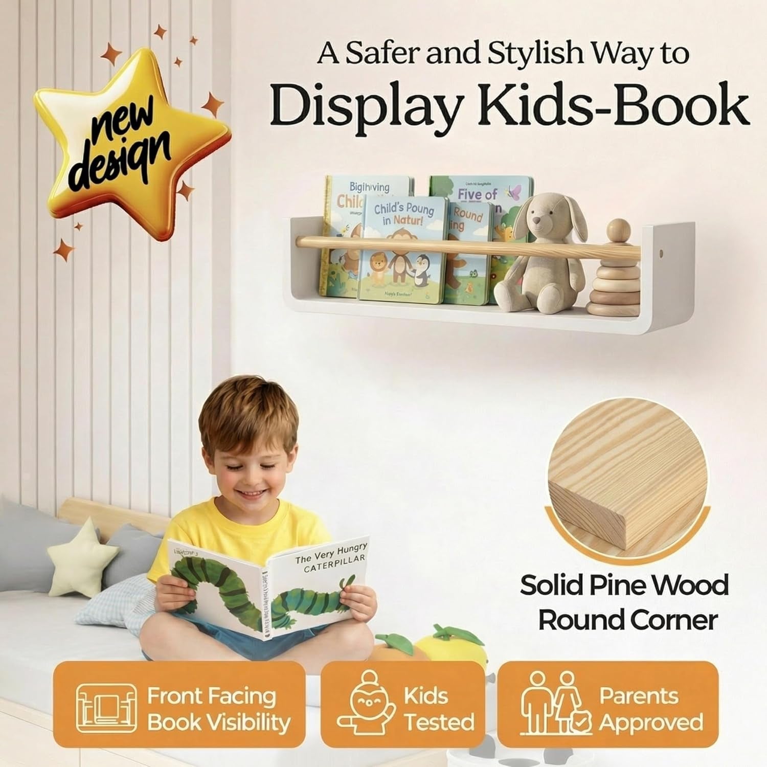 Nursery Book Shelves Set of 2 - Solid Pine Wood Nursery Bookshelf, Floating Nursery Shelves for Wall, Wall Bookshelf for Kids Room, No-Assembly Wall Mounted Baby Book Shelf. (White)