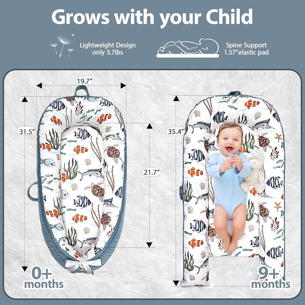 Infant Support Cushion - Breathable and Soft Organic 100% Cotton, Portable Tummy Time Mat with Removable Cover, Newborn Baby Essentials Gifts for 0-24 Months - Sea World