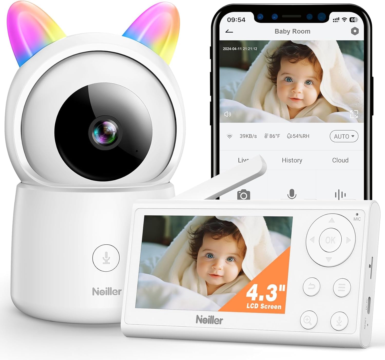 Baby Monitor, 4.3" Video Baby Monitor with 1080P Camera, Smart 2.4G Wifi Audio Monitor with Remote PTZ, Night Vision, 2-Way Talk, Sleep Mode, RGB Night Lights, Lullabies & 1000Ft Range, APP Control