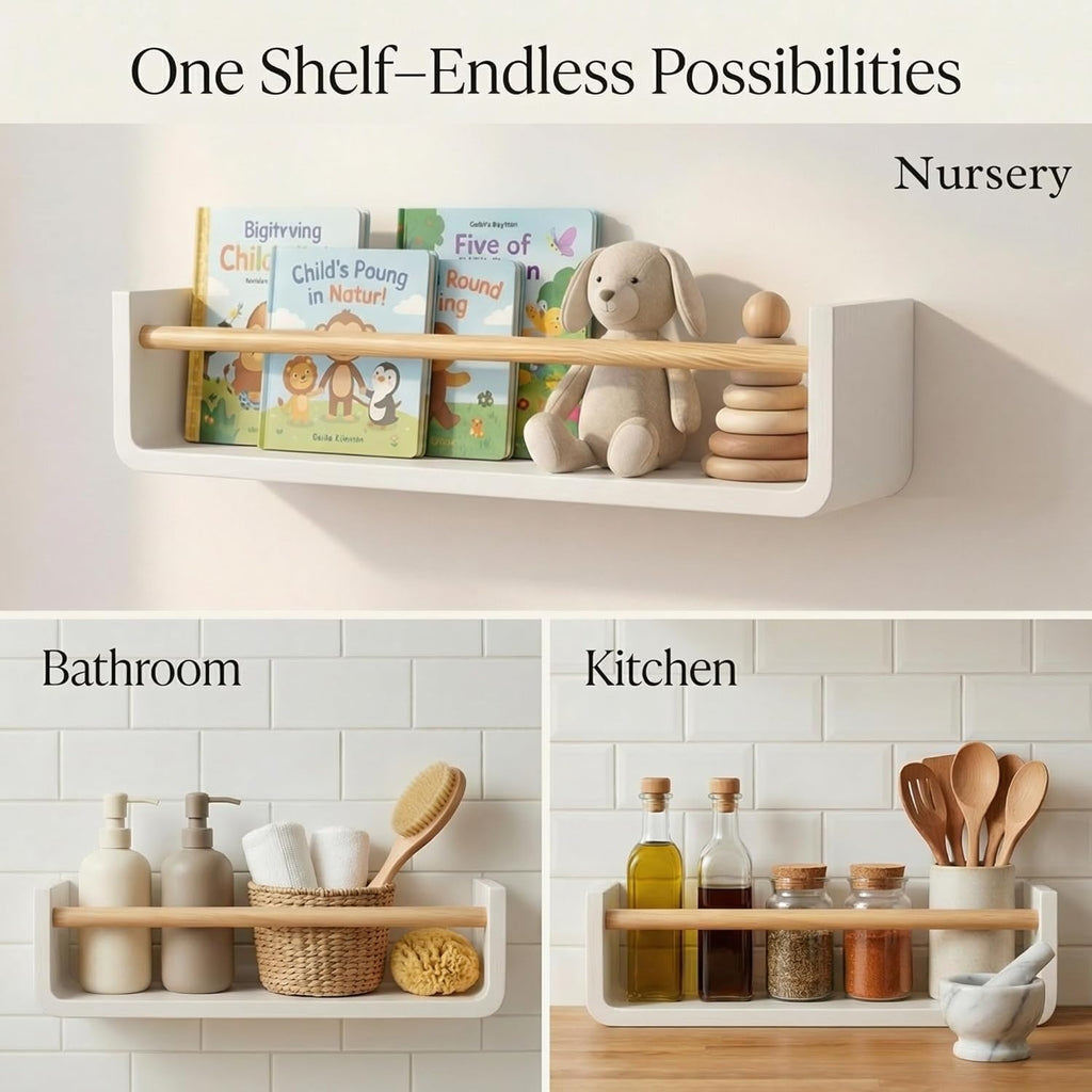 Nursery Book Shelves Set of 2 - Solid Pine Wood Nursery Bookshelf, Floating Nursery Shelves for Wall, Wall Bookshelf for Kids Room, No-Assembly Wall Mounted Baby Book Shelf. (White)