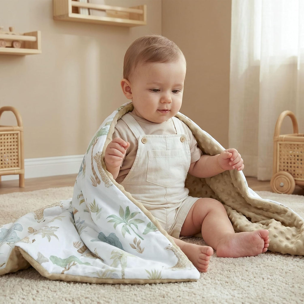 Baby Blankets for Boys Girls, Super Soft Nursery Minky Blanket Neutral with Print Brown Savanna Elephant and Cozy Raised Dotted Fleece Backing, 30 X 40 Inch Double Layer Bed Throws