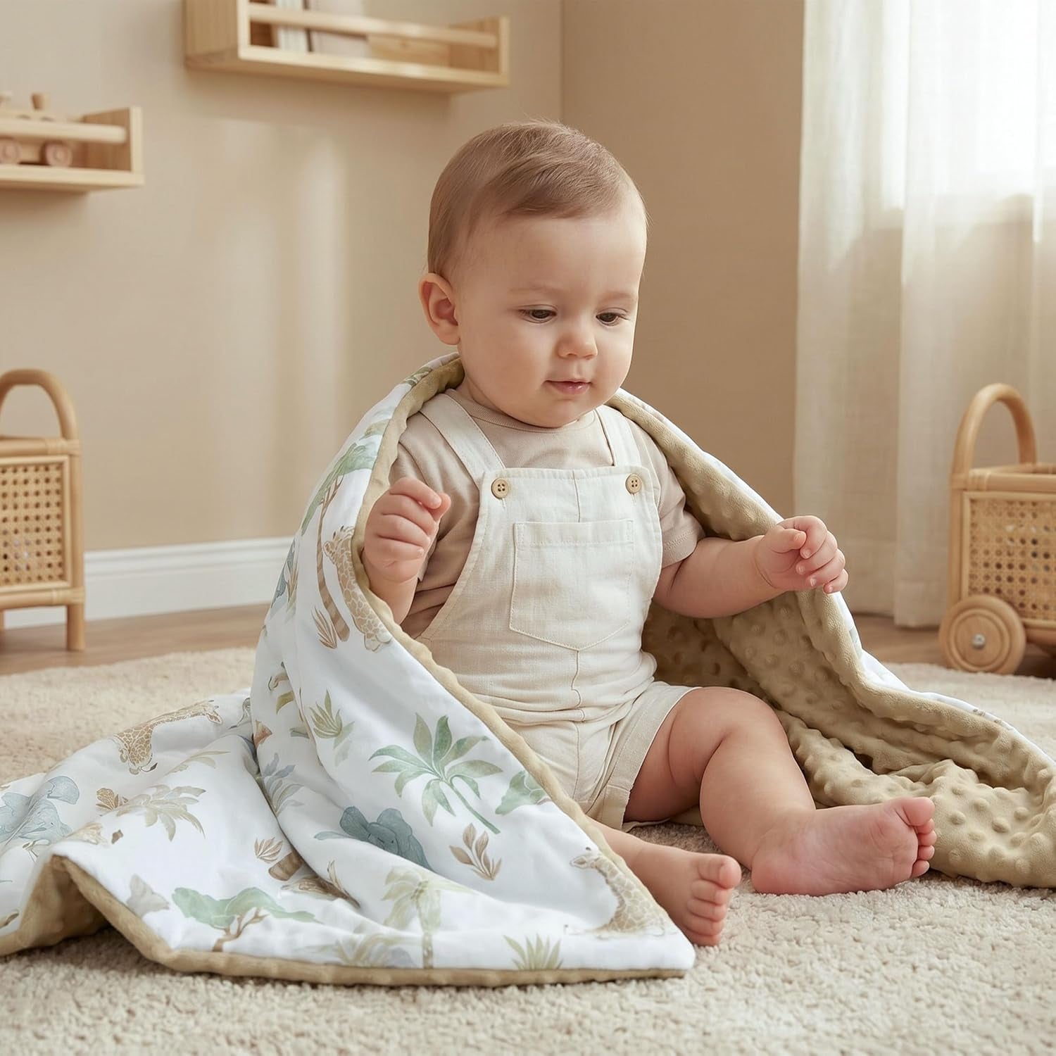 Baby Blankets for Boys Girls, Super Soft Nursery Minky Blanket Neutral with Print Brown Savanna Elephant and Cozy Raised Dotted Fleece Backing, 30 X 40 Inch Double Layer Bed Throws