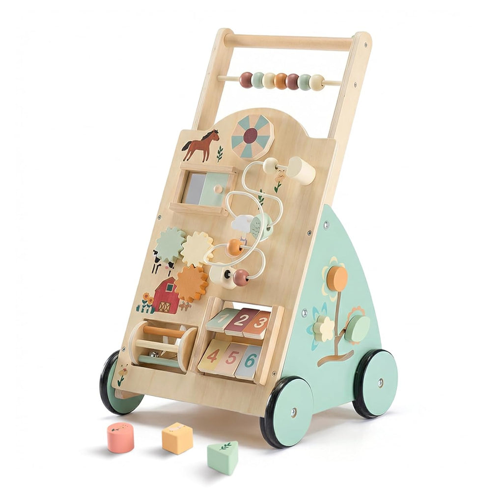 Wooden Baby Push Walker, Montessori Activity Toys with Adjustable Speed for 1 Year Old, Silent Rubber Wheels, Wood