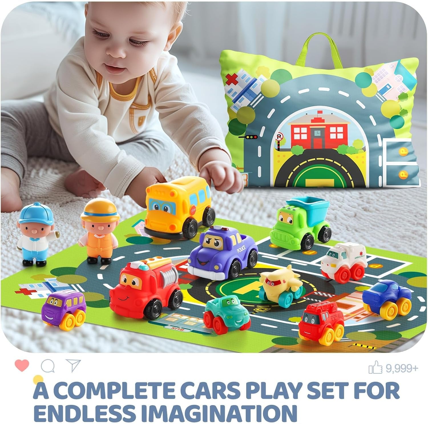 Soft Rubber Toy Figure Car for 1 Year Old Boy with Playmat (Storage Bag)|12 PCS Cartoon Cars Baby Toys for 12-18 Months & Toddler Age 1-2|First Birthday|Gift for 1 2 3 Year Old Boy