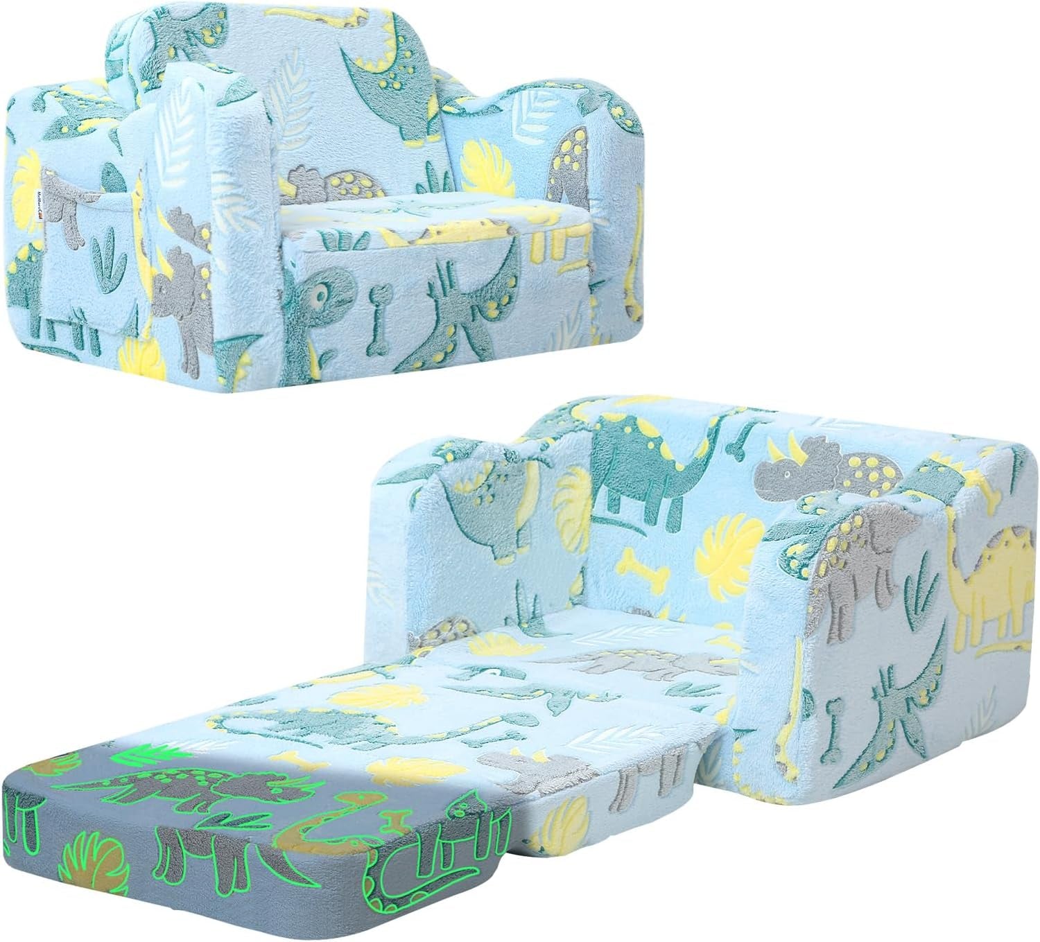 Glowing Dinosaur Kids Chair, 2-In-1 Convertible Kids Couch Fold Out to Lounger, Glow-In-The-Dark Dino Sofa for Boys Ages 1-3, Soft Foam Flip-Out Seat with Washable Cover, Sky Blue | Reading, Relaxing