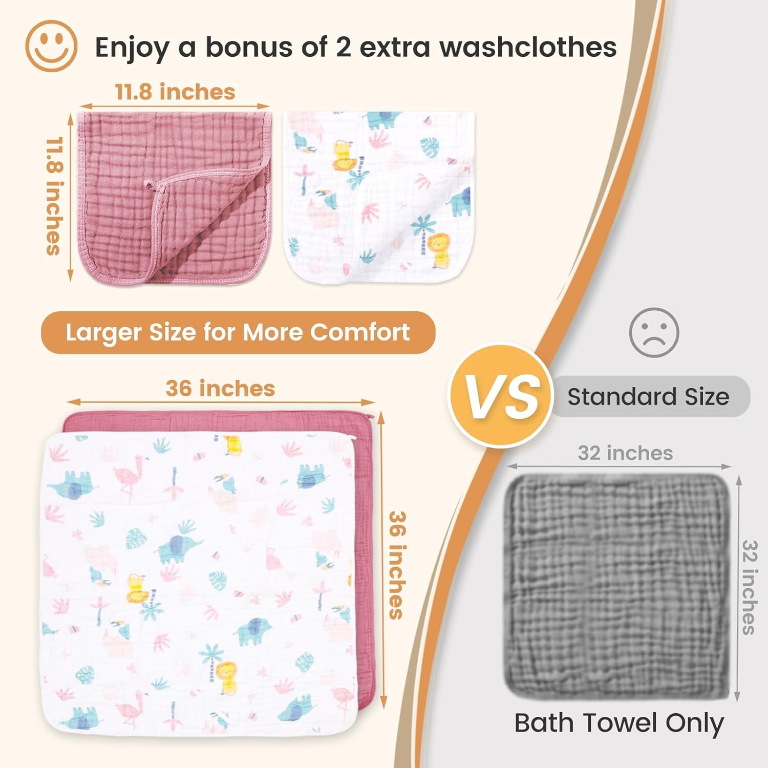 Muslin Bath Towel for Toddler 4 Pcs, 36X36 Inch 100% Muslin Cotton Baby Hooded Bath Towel and Washcloths for Babies, Infant and Kids, Soft and Absorbent Newborn Essential(Pink and Elephant)