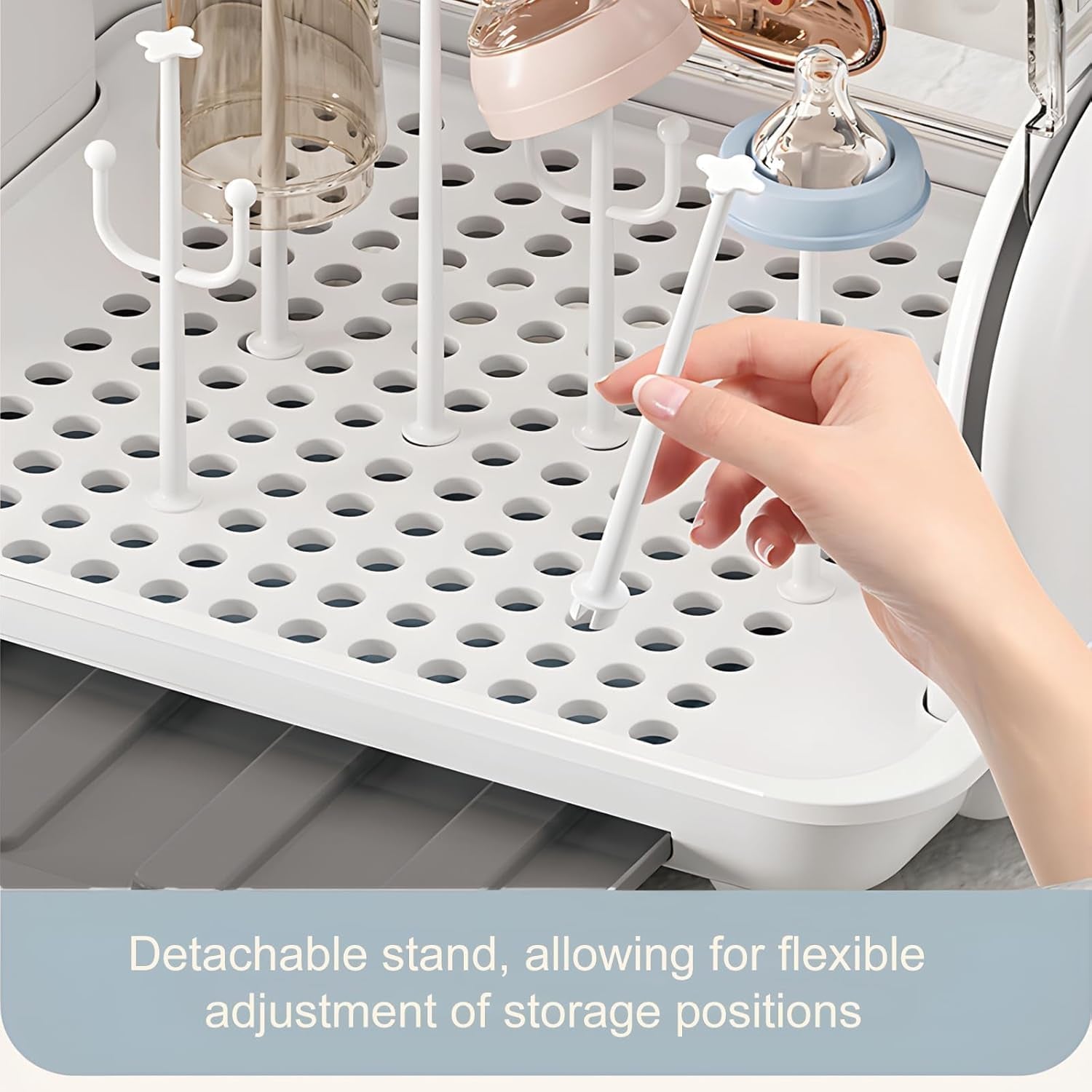 Baby Bottle Drying Rack Storage with 3 Brush, Nursing Bottle Storage Box Organizer with Cover, Portable Kitchen Cabinet Organizer, Durable Countertop Dryer (Blue)