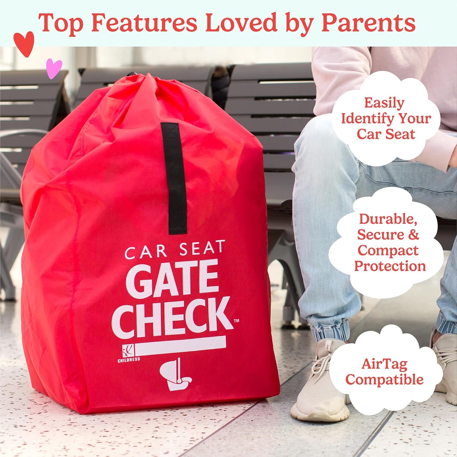 Gate Check Travel Bag for Car Seats - Car Seat Travel Bag for Airplane, Fits All Baby & Infant Carriers, Airport Accessories for Gate Check, Flying Essentials, Airtag Compatible - Red