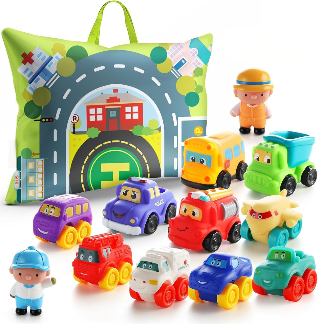 Soft Rubber Toy Figure Car for 1 Year Old Boy with Playmat (Storage Bag)|12 PCS Cartoon Cars Baby Toys for 12-18 Months & Toddler Age 1-2|First Birthday|Gift for 1 2 3 Year Old Boy