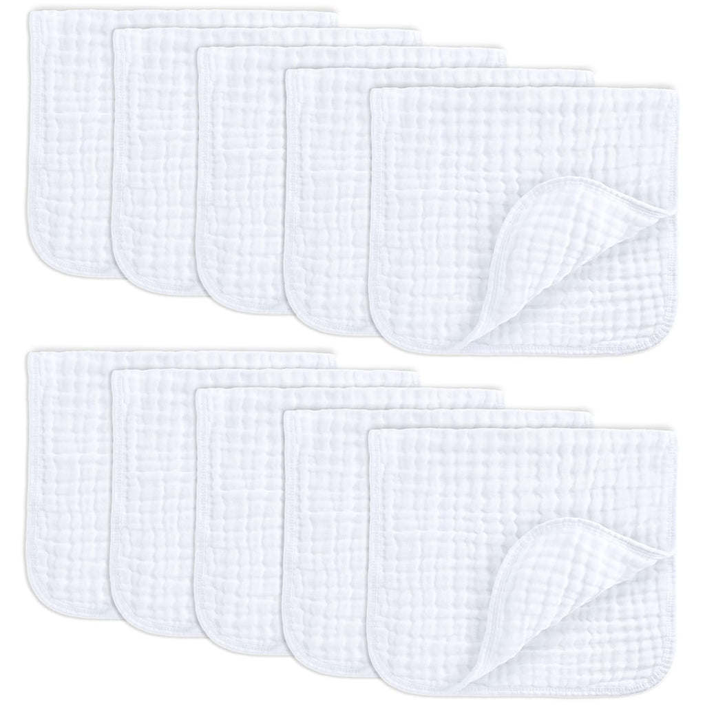 Muslin Burp Cloths 20" X 10", Pack of 10 - Large, 6-Layer, Ultra Absorbent 100% Cotton for Baby Drool and Messes - Soft, Safe & Gentle Baby Burp Cloths for Boys & Girls - White