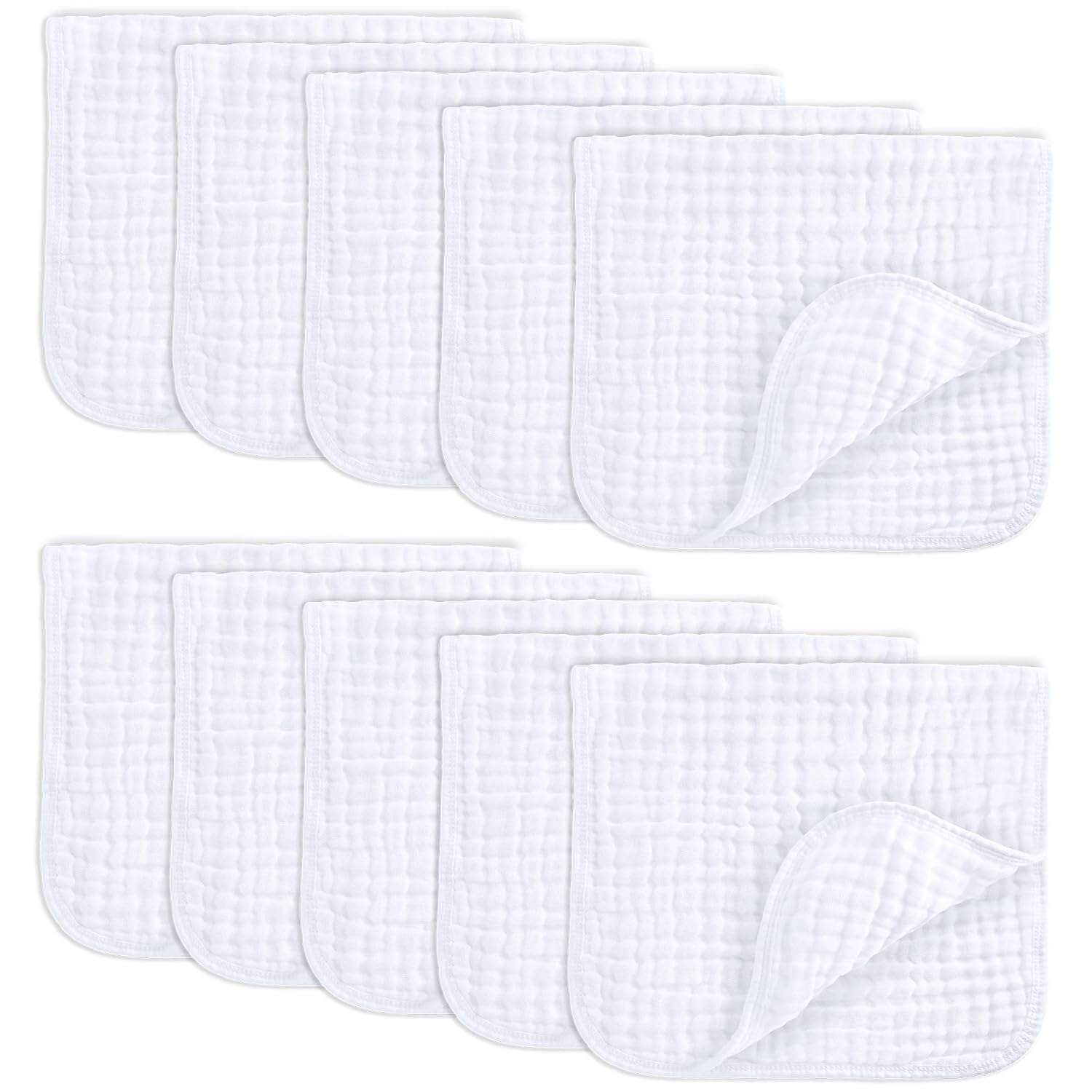 Muslin Burp Cloths 20" X 10", Pack of 10 - Large, 6-Layer, Ultra Absorbent 100% Cotton for Baby Drool and Messes - Soft, Safe & Gentle Baby Burp Cloths for Boys & Girls - White