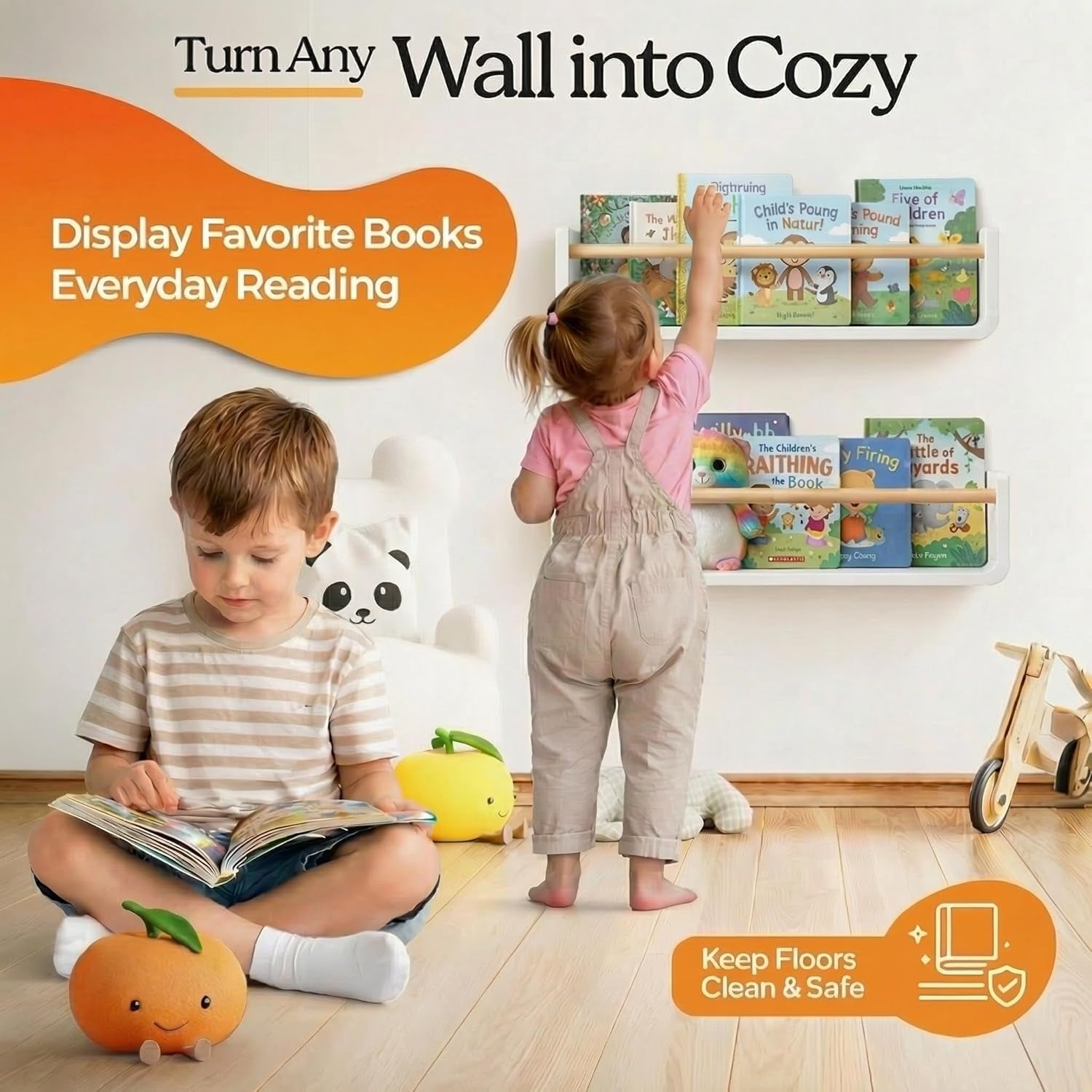 Nursery Book Shelves Set of 2 - Solid Pine Wood Nursery Bookshelf, Floating Nursery Shelves for Wall, Wall Bookshelf for Kids Room, No-Assembly Wall Mounted Baby Book Shelf. (White)