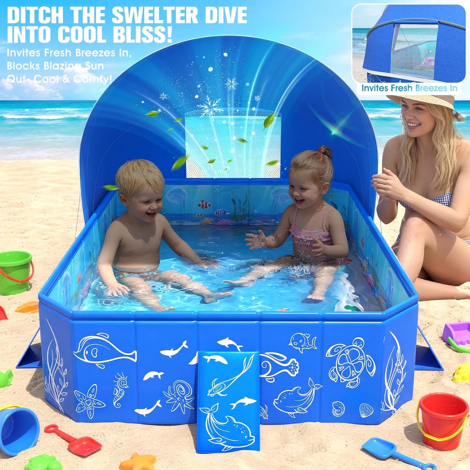 Kiddie Pool with Canopy,Baby Swimming Pool for Toddler,Non-Inflatable Portable Pool for Kid,Foldable Toddler Pool with Shade,Kids Pool for Backyard.Outdoor Pop up Kiddie Beach Pool 53"X40"X33'