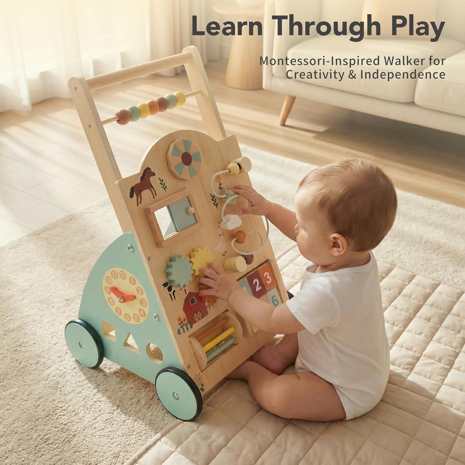 Wooden Baby Push Walker, Montessori Activity Toys with Adjustable Speed for 1 Year Old, Silent Rubber Wheels, Wood
