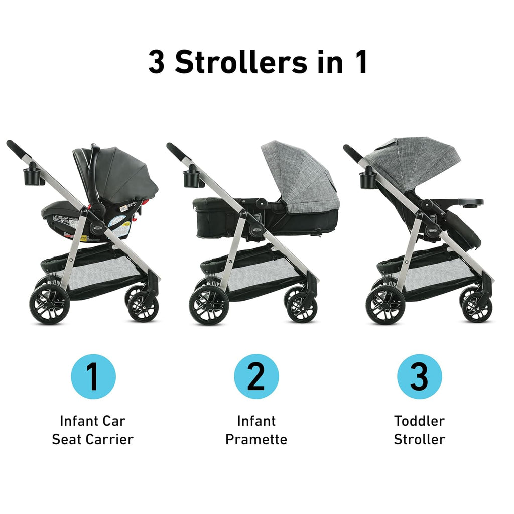 Graco Modes Pramette Travel System, Car Seat and Stroller Combo, Includes Snugride LX Infant Car Seat and Baby Stroller, 3 Modes: Car Seat Carrier, Pramette, Toddler Stroller, Ellington