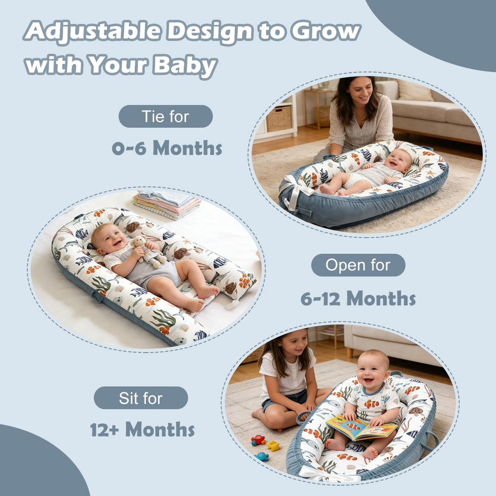 Infant Support Cushion - Breathable and Soft Organic 100% Cotton, Portable Tummy Time Mat with Removable Cover, Newborn Baby Essentials Gifts for 0-24 Months - Sea World