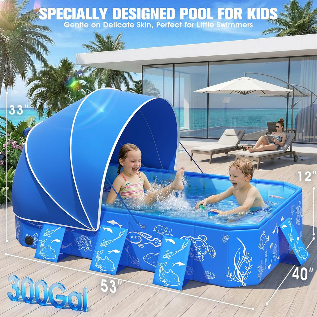Kiddie Pool with Canopy,Baby Swimming Pool for Toddler,Non-Inflatable Portable Pool for Kid,Foldable Toddler Pool with Shade,Kids Pool for Backyard.Outdoor Pop up Kiddie Beach Pool 53"X40"X33'