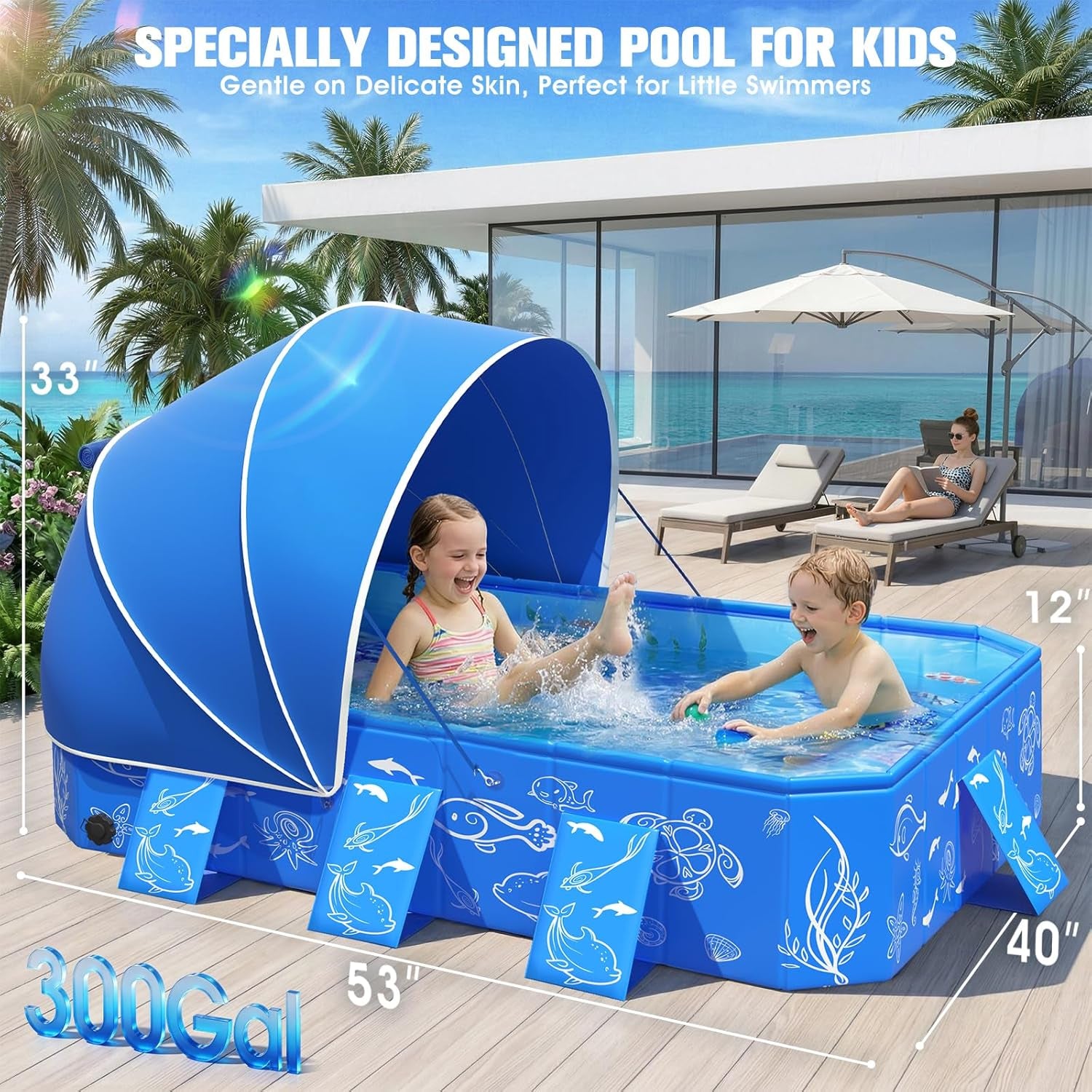 Kiddie Pool with Canopy,Baby Swimming Pool for Toddler,Non-Inflatable Portable Pool for Kid,Foldable Toddler Pool with Shade,Kids Pool for Backyard.Outdoor Pop up Kiddie Beach Pool 53"X40"X33'