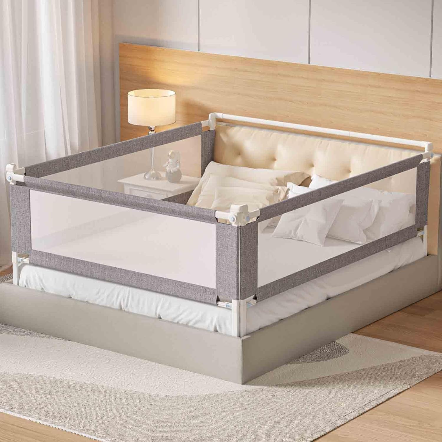 3-Piece Queen Size Bed Rail for Toddlers - Height Adjustable Baby Bed Rail Guard with Headboard Rod,Safety Bed Rails for Queen Size Bed with Child Lock(78.74X78.74X59Inch