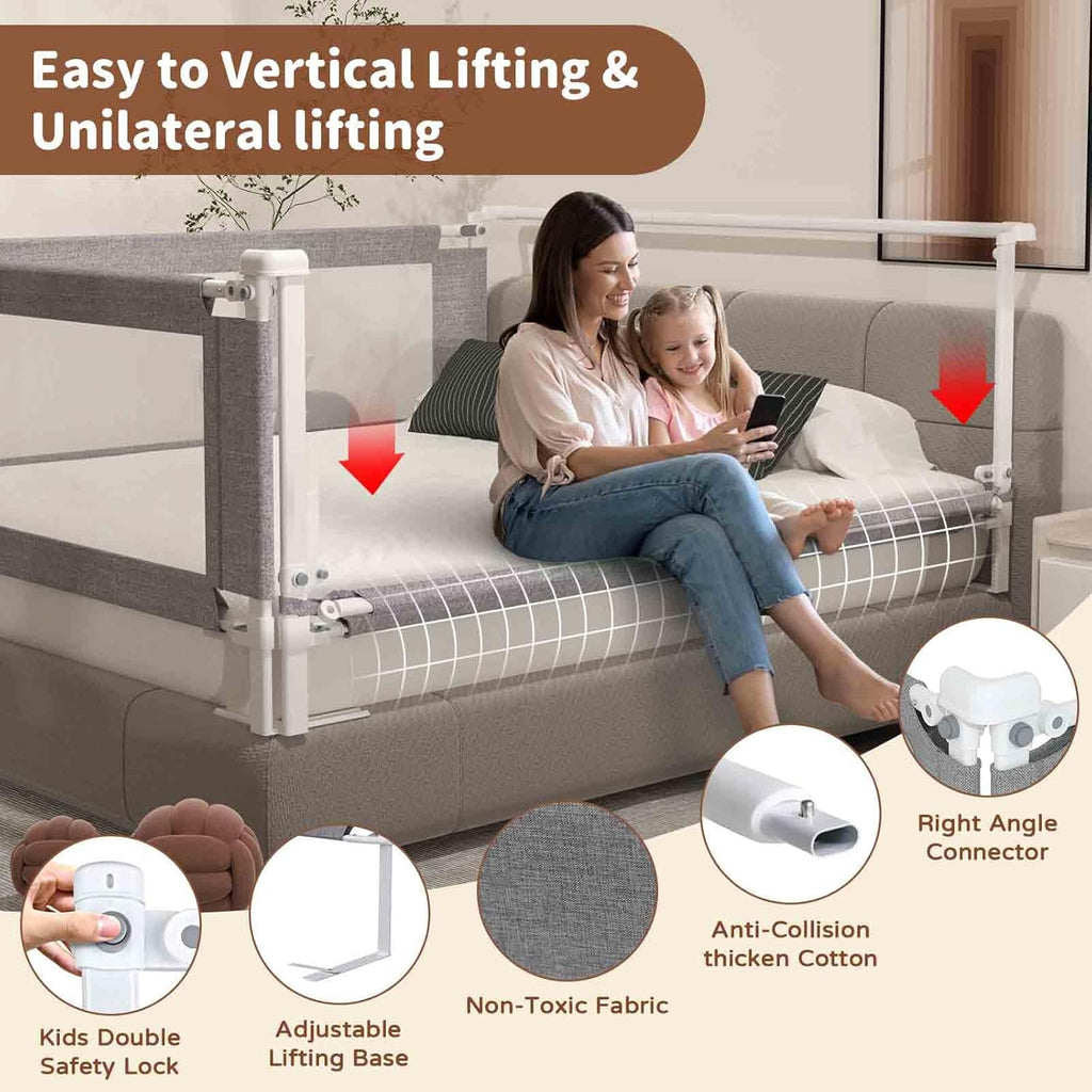 3-Piece Queen Size Bed Rail for Toddlers - Height Adjustable Baby Bed Rail Guard with Headboard Rod,Safety Bed Rails for Queen Size Bed with Child Lock(78.74X78.74X59Inch