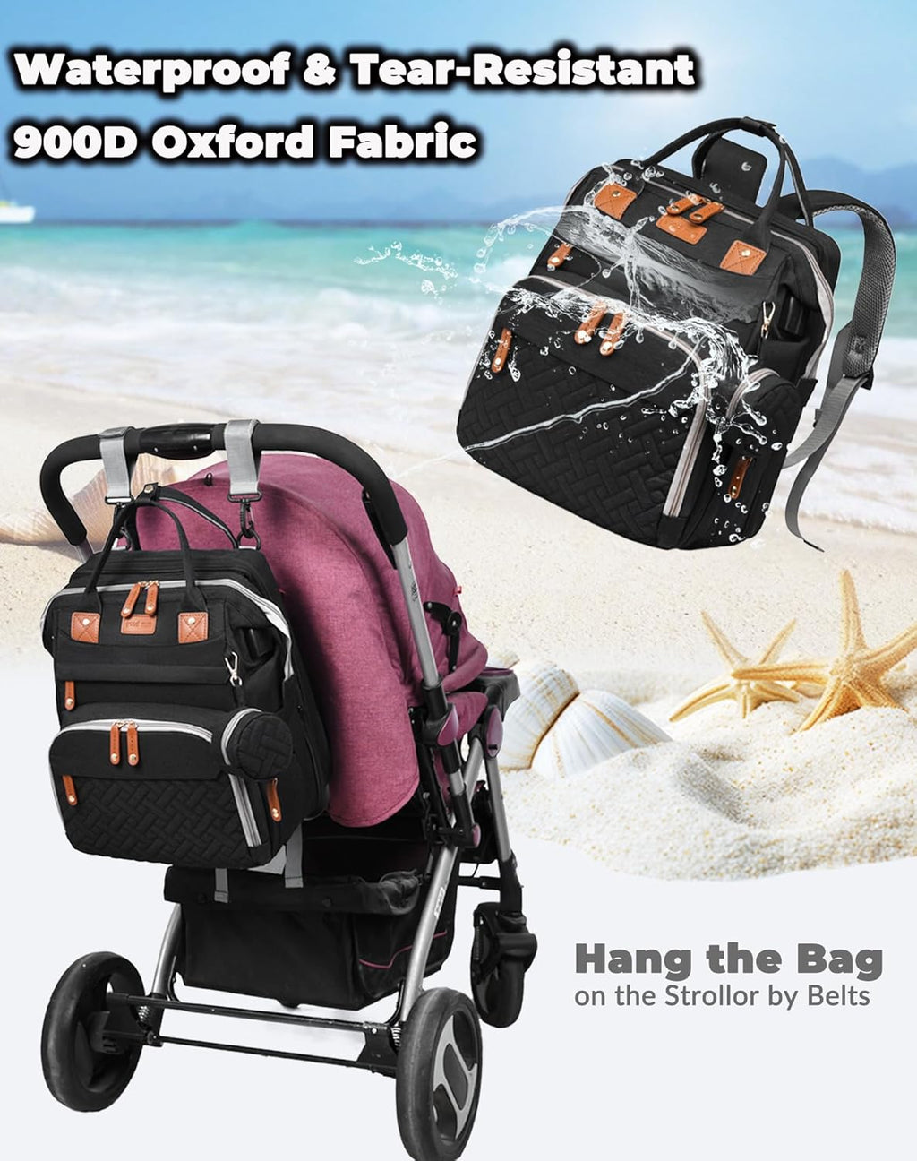 Baby Diaper Bag with Changing Station, Waterproof Diaper Bag Backpack for Moms Dads with USB Charging Port, Baby Shower Gifts, Large Capacity Diaper Backpack, Black