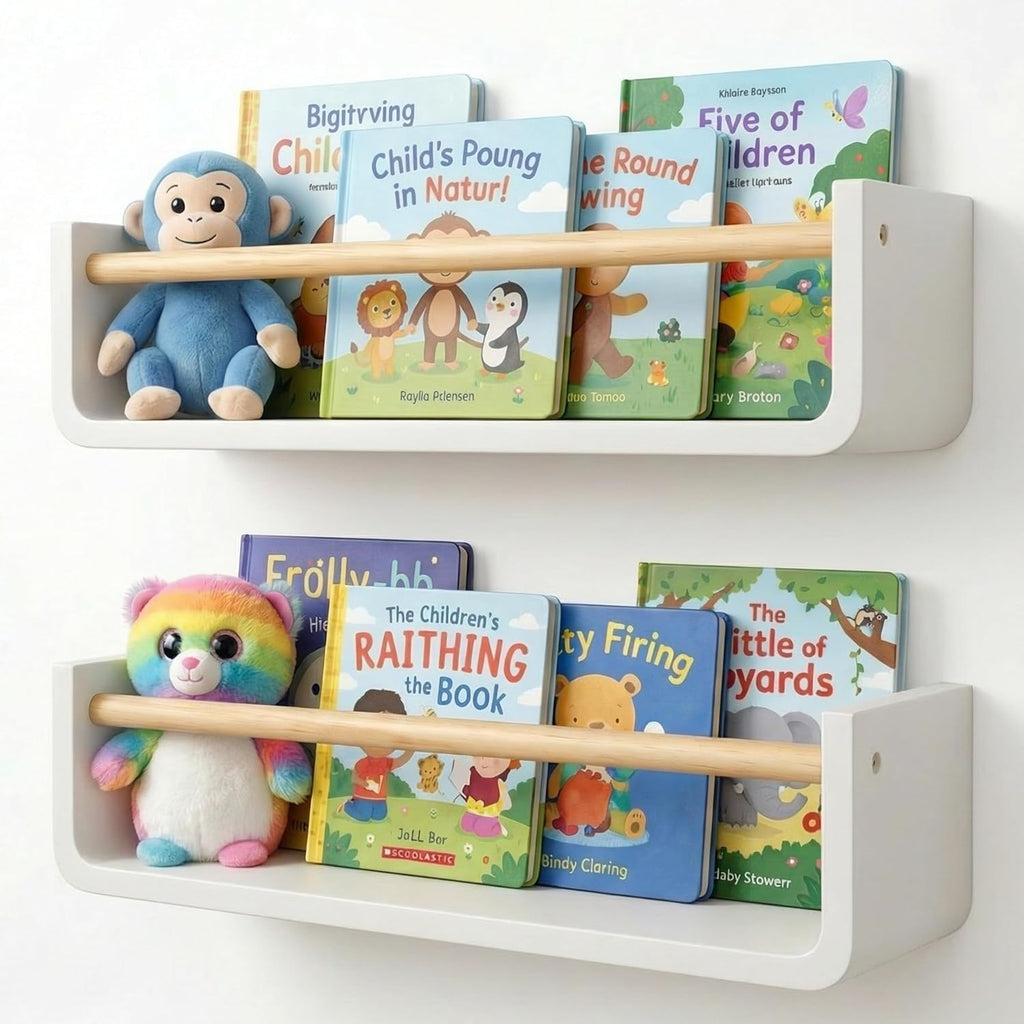 Nursery Book Shelves Set of 2 - Solid Pine Wood Nursery Bookshelf, Floating Nursery Shelves for Wall, Wall Bookshelf for Kids Room, No-Assembly Wall Mounted Baby Book Shelf. (White)