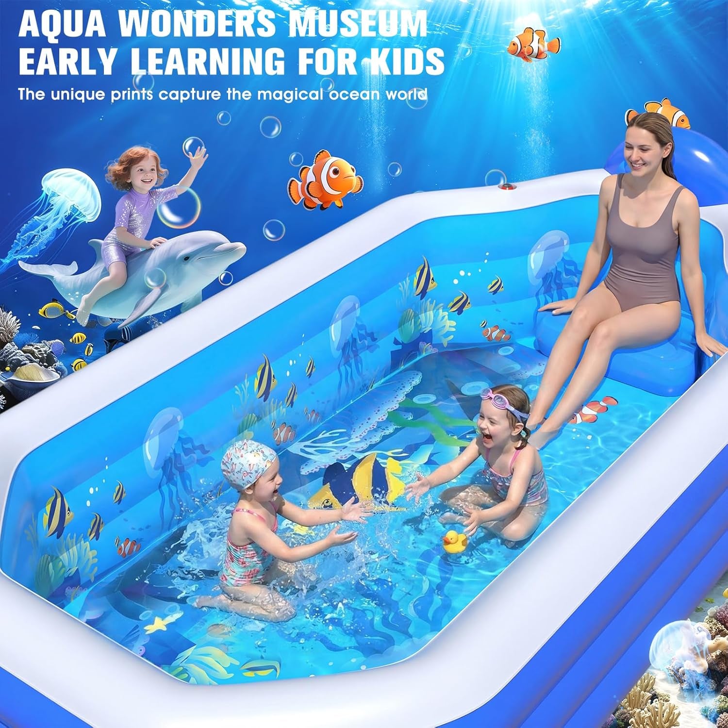 2026 Inflatable Pool with Canopy, Large Inflatable Pool for Kids,Adults, Blow up Pools with Seats,Oversize Thickened 118"X75"X22"Inflatable Swimming Pools, Kids Pool for Backyard,Ocean Theme-Blue