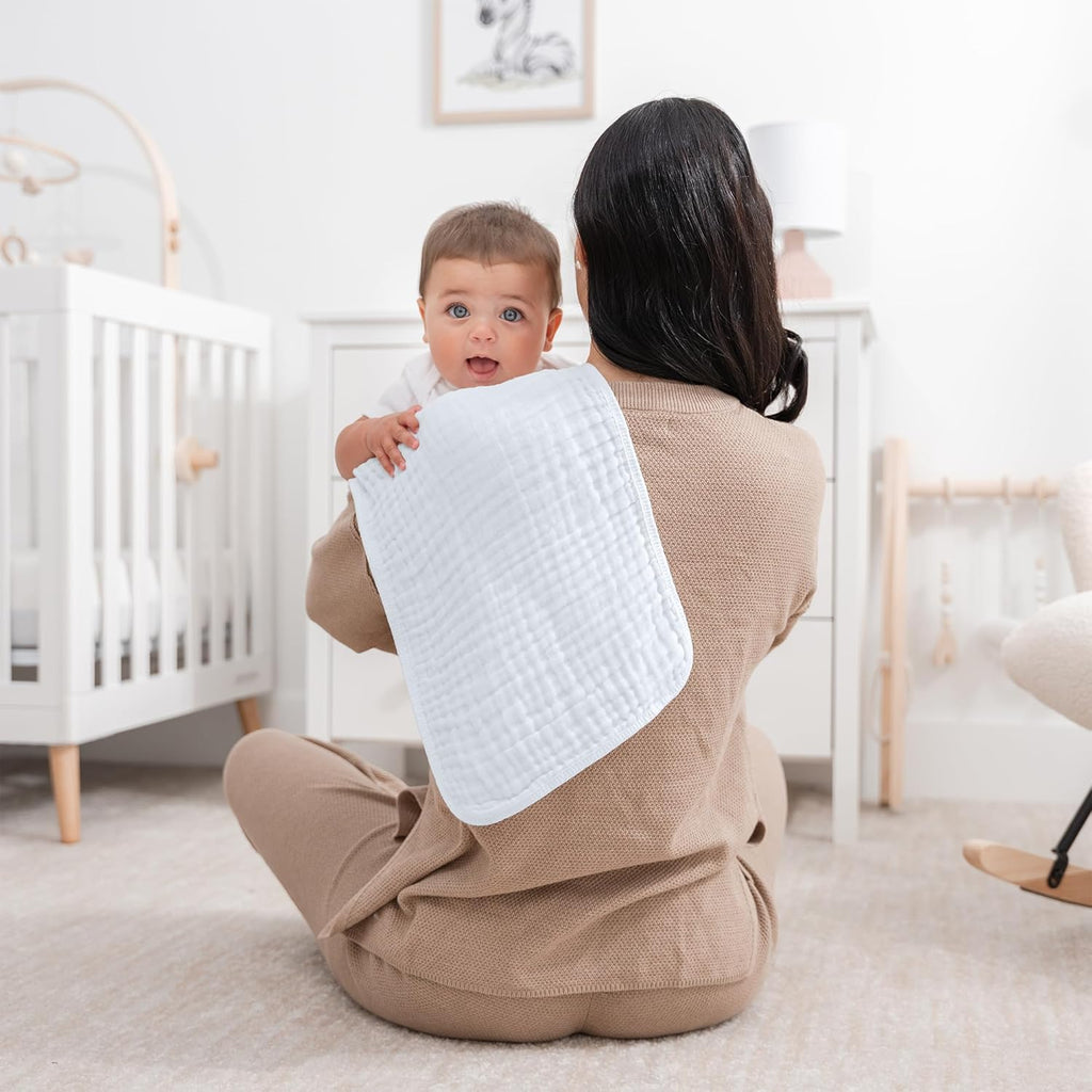 Muslin Burp Cloths 20" X 10", Pack of 10 - Large, 6-Layer, Ultra Absorbent 100% Cotton for Baby Drool and Messes - Soft, Safe & Gentle Baby Burp Cloths for Boys & Girls - White