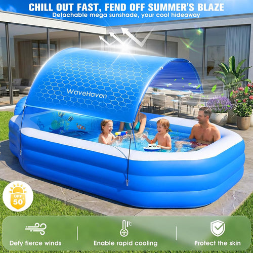 2026 Inflatable Pool with Canopy, Large Inflatable Pool for Kids,Adults, Blow up Pools with Seats,Oversize Thickened 118"X75"X22"Inflatable Swimming Pools, Kids Pool for Backyard,Ocean Theme-Blue