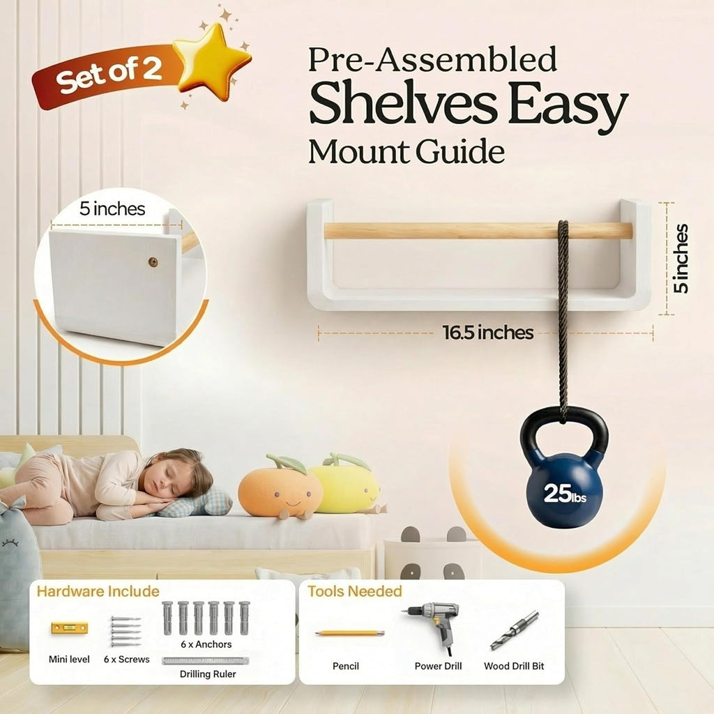 Nursery Book Shelves Set of 2 - Solid Pine Wood Nursery Bookshelf, Floating Nursery Shelves for Wall, Wall Bookshelf for Kids Room, No-Assembly Wall Mounted Baby Book Shelf. (White)