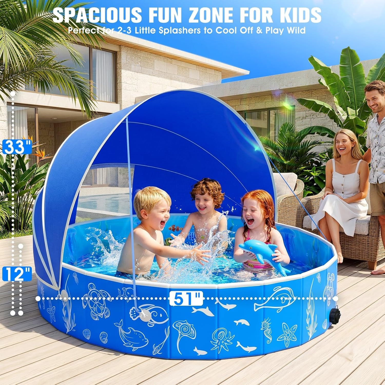 2026 Kiddie Pool with Canopy,Baby Swimming Pool for Toddler,Foldable Kiddie Pool with Shade,Portable Kids Pool for Backyard,Plastic Kiddie Pool with Sun Shade,Pop up Baby Pool for Beach-51''