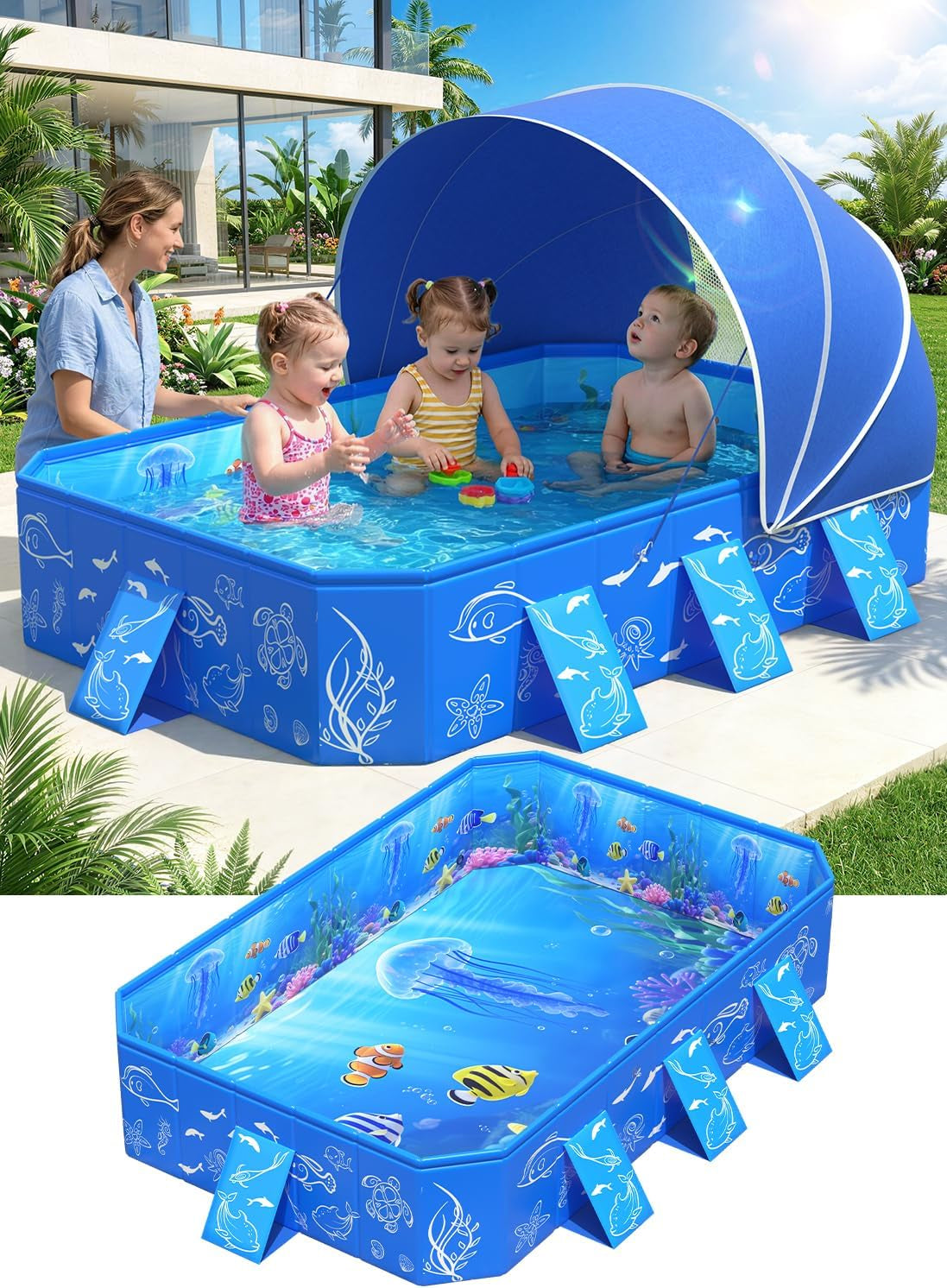 Kiddie Pool with Canopy,Baby Swimming Pool for Toddler,Non-Inflatable Portable Pool for Kid,Foldable Toddler Pool with Shade,Kids Pool for Backyard.Outdoor Pop up Kiddie Beach Pool 53"X40"X33'